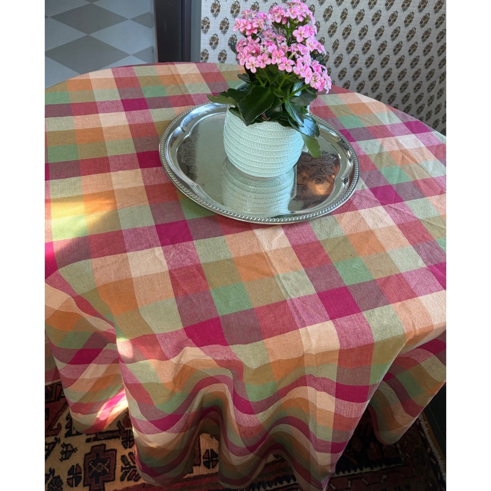 Vintage Lintex Tablecloth 70 Round Plaid Pink Orange Green Woven Cotton Blend